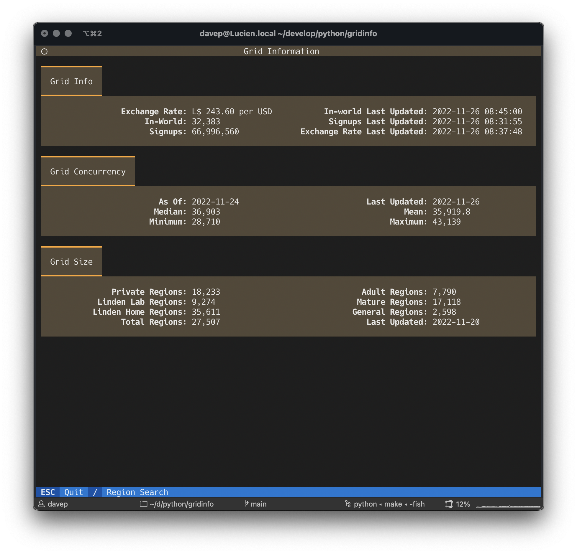 The initial screen of gridinfo, showing the main SL stats