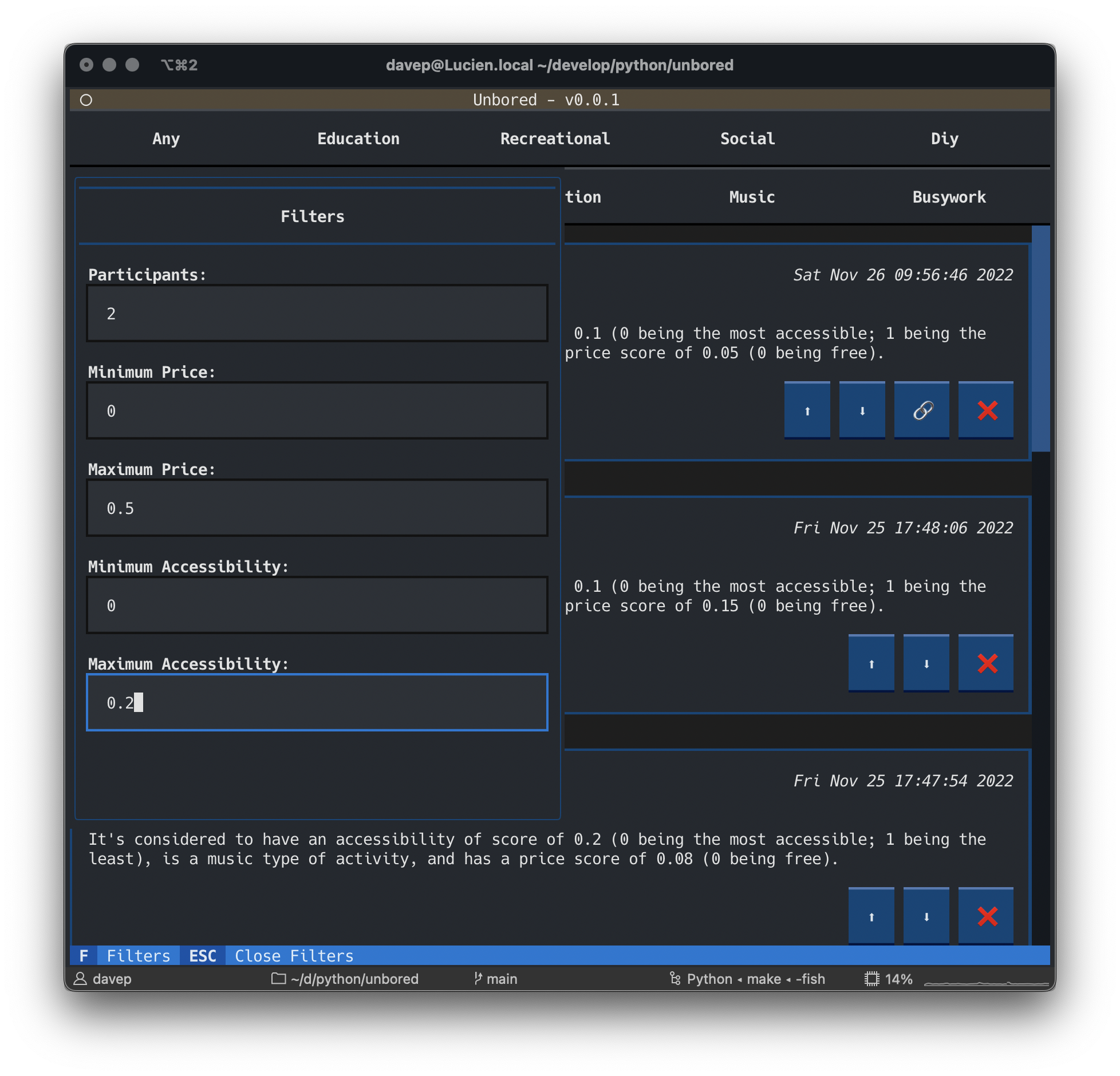 Setting filters for activities