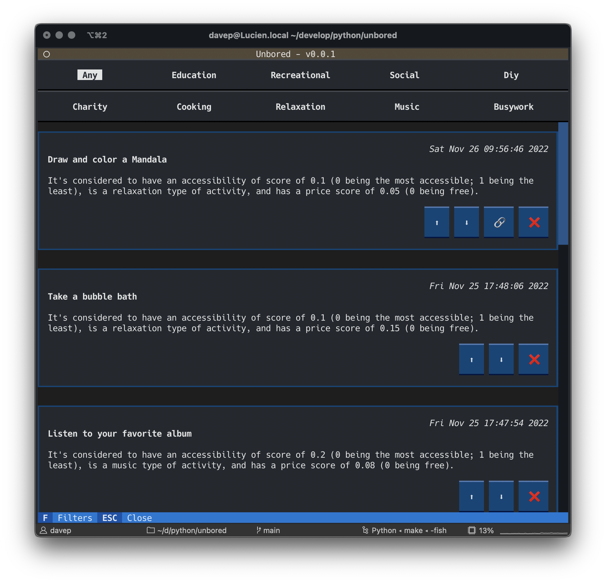 The main Unbored screen