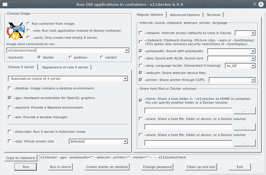 GUI for x11docker x11docker-gui screenshot